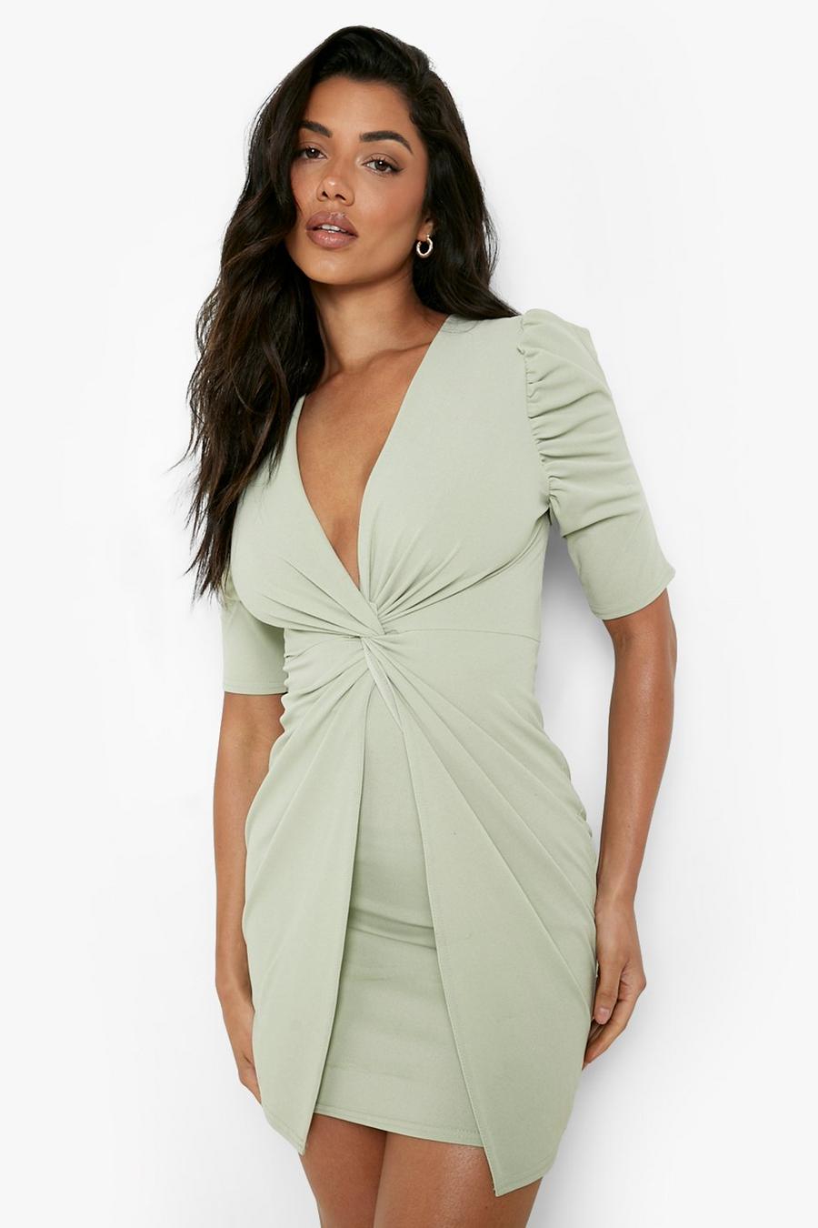 Sage green Puff Sleeve Twist Front Mini Dress
