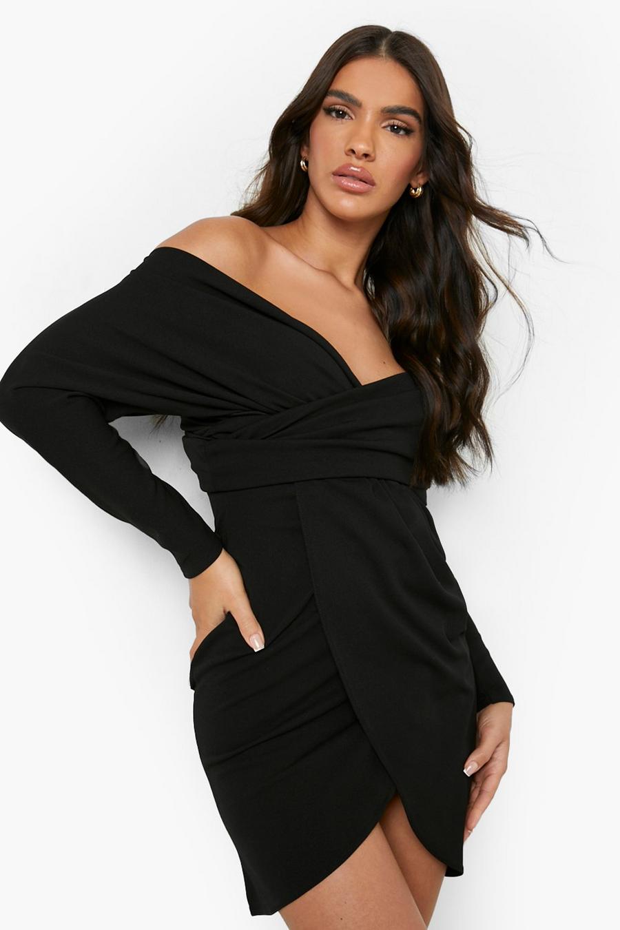 Black svart Bardot Wrap Front Midi Dress