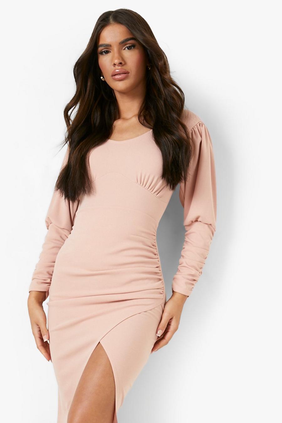 Blush Puff Sleeve Split Hem Midi Dress image number 1