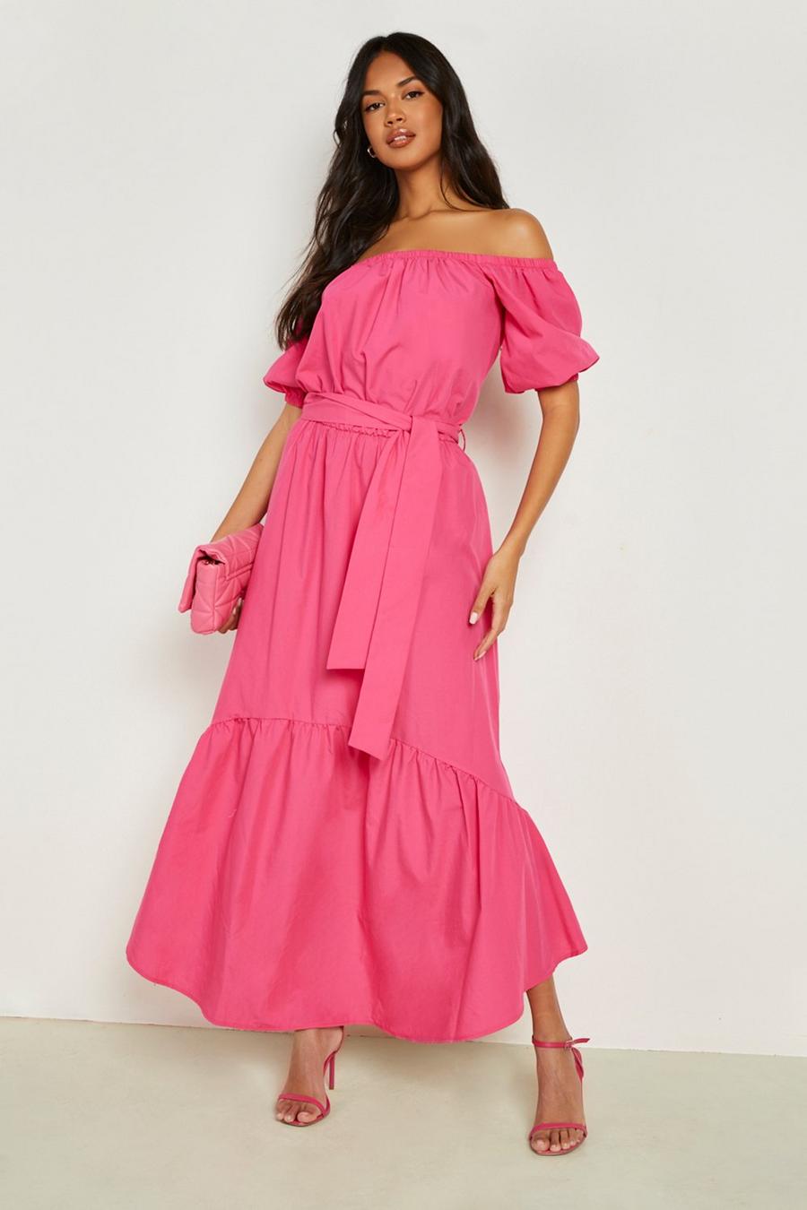 Fuchsia rosa Cotton Bardot Puff Sleeve Maxi Dress