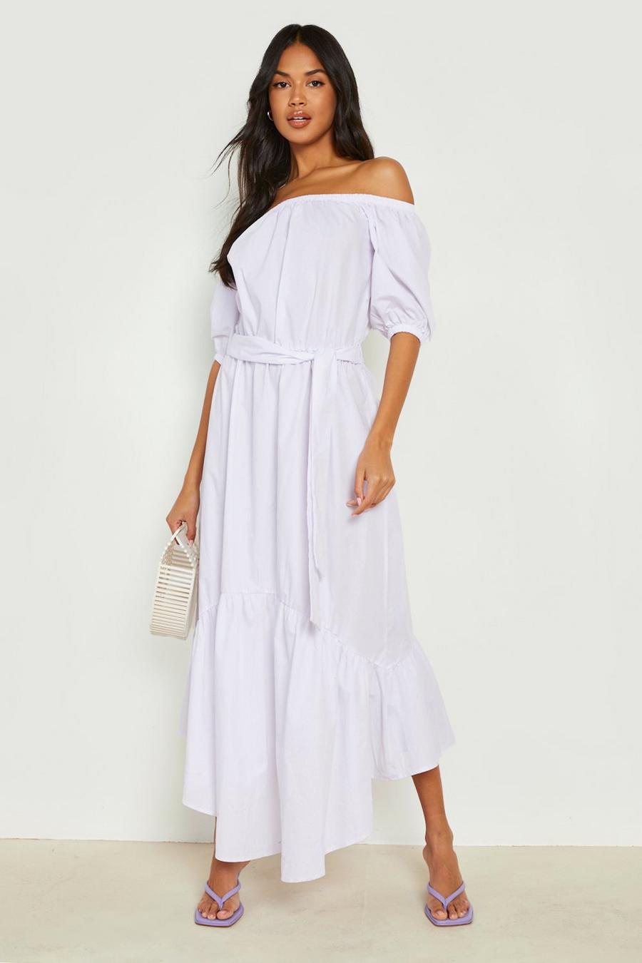 White Cotton Bardot Puff Sleeve Maxi Dress image number 1