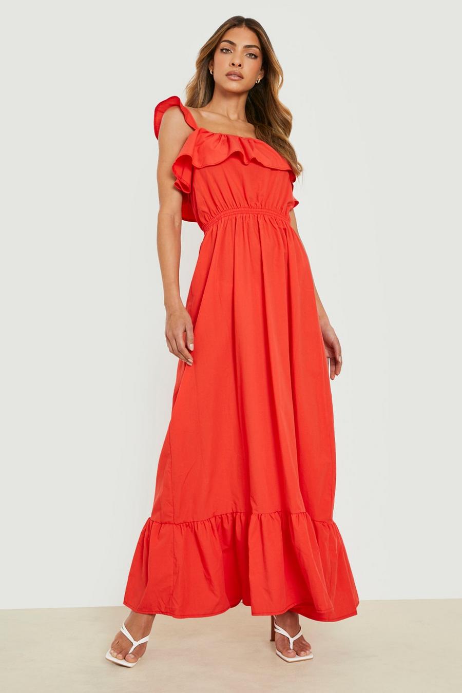 Red Cotton Poplin Strappy Frill Maxi Dress