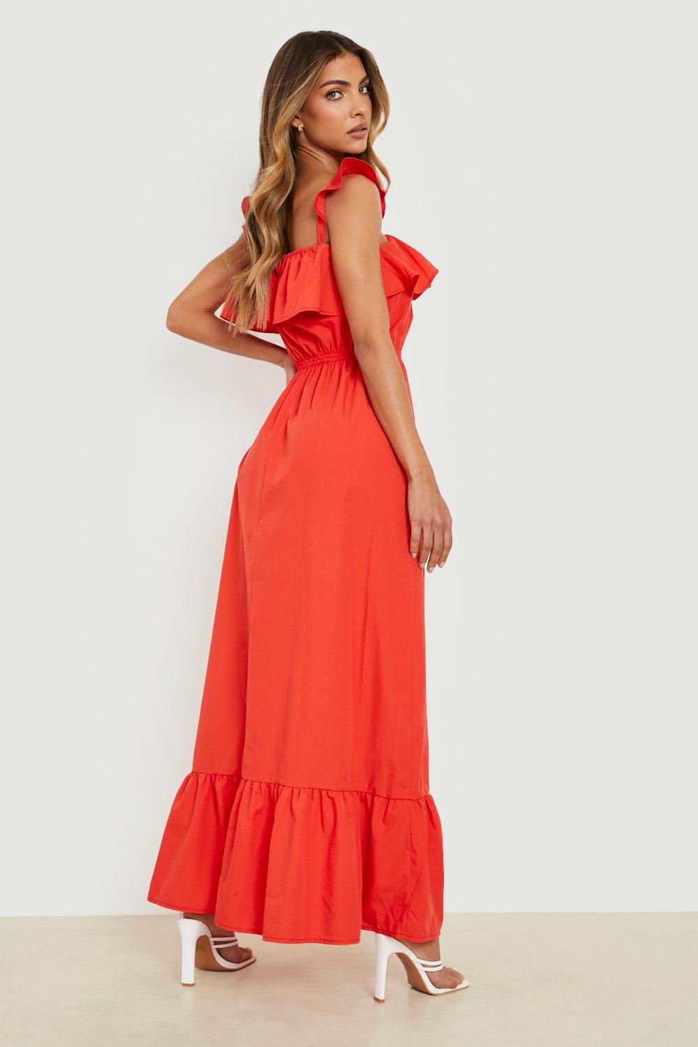 Boohoo red 2025 frill dress