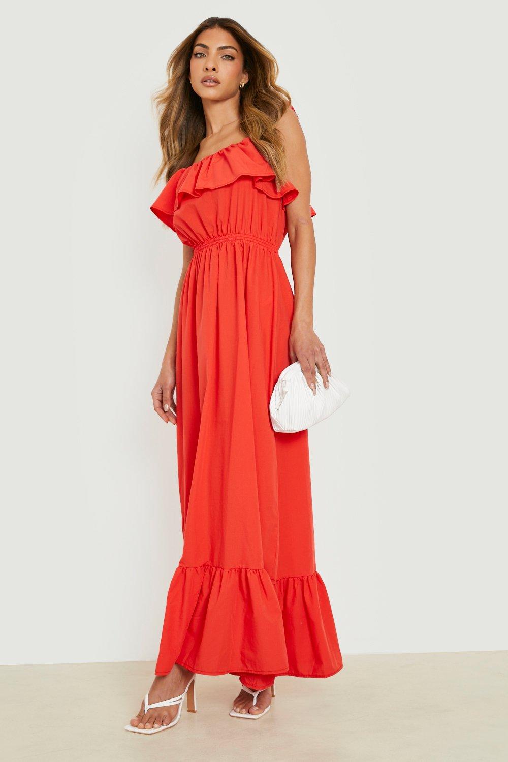 Boohoo red outlet frill dress