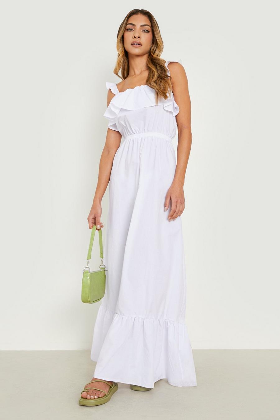 White Cotton Poplin Strappy Frill Maxi Dress image number 1