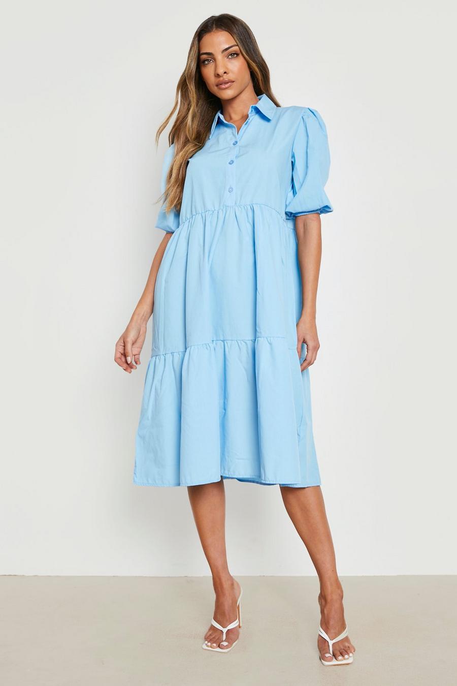 Light blue Cotton Poplin Puff Sleeve Midi Shirt Dress image number 1