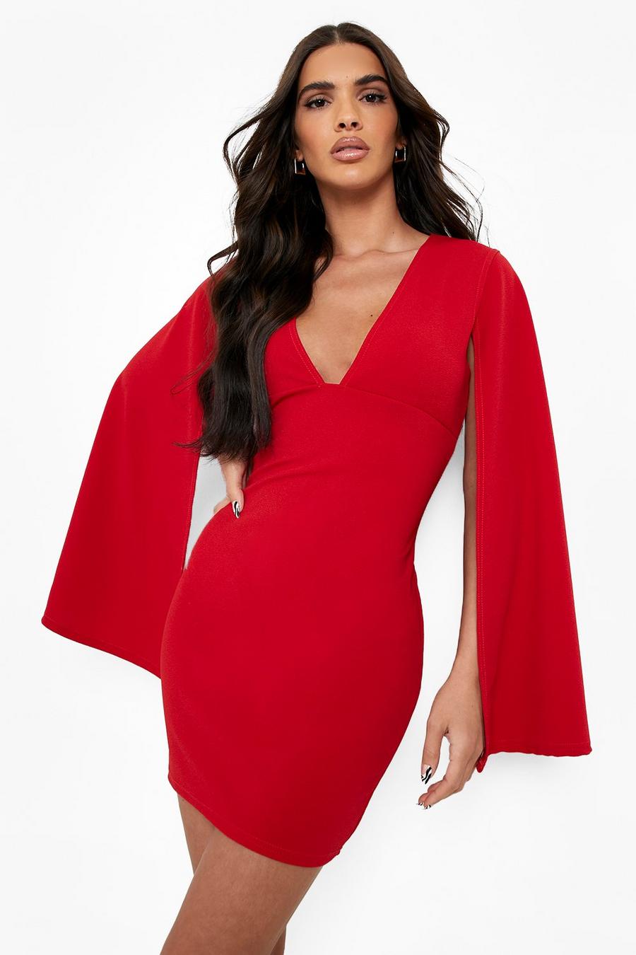 Red Cape Sleeve Plunge Mini Bodycon Dress image number 1
