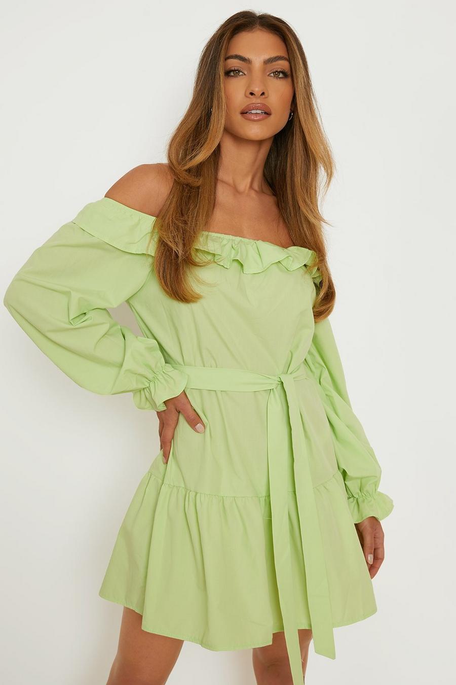 Lime grön Cotton Poplin Bardot Tiered Skater Dress