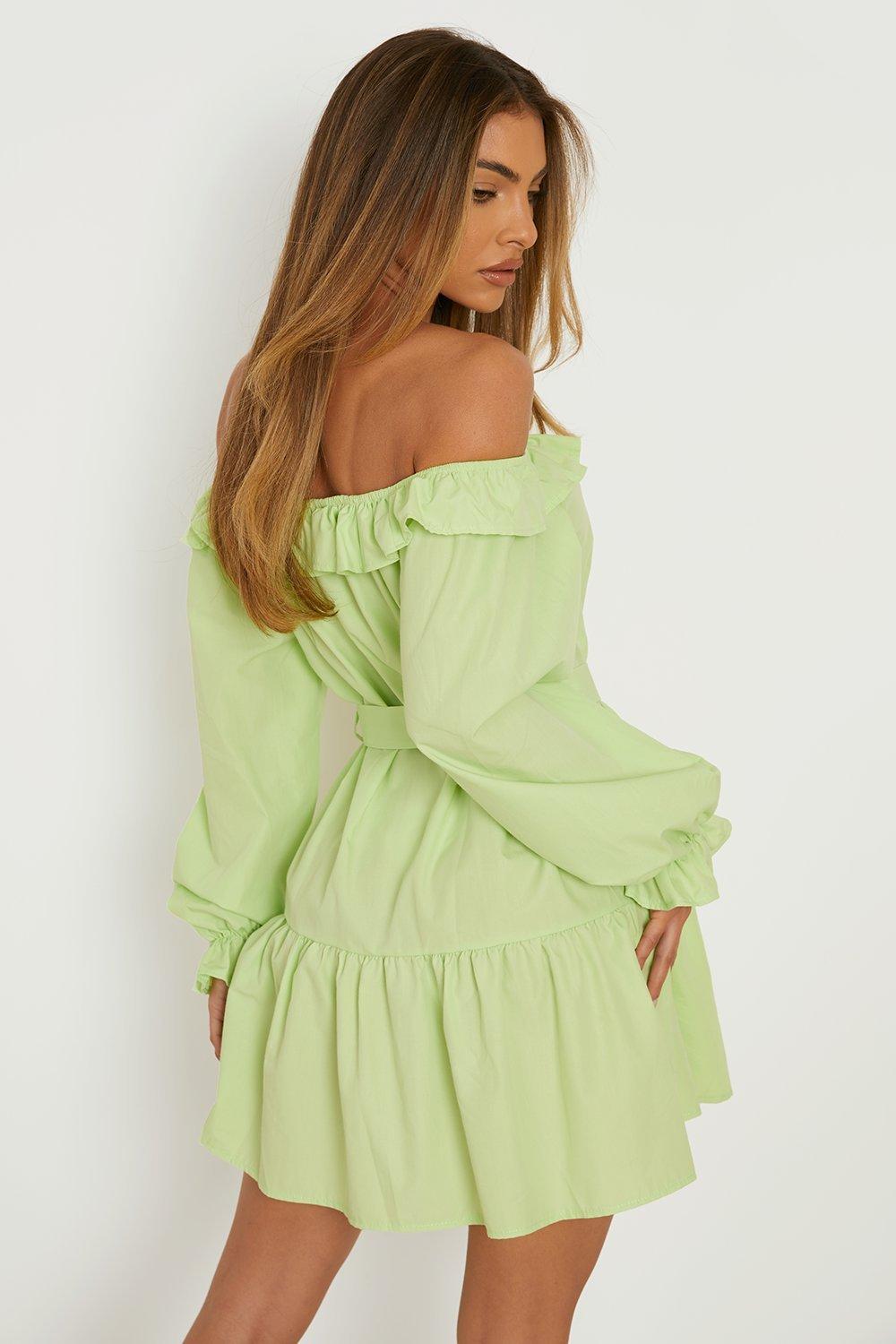 Light green off shop the shoulder dress