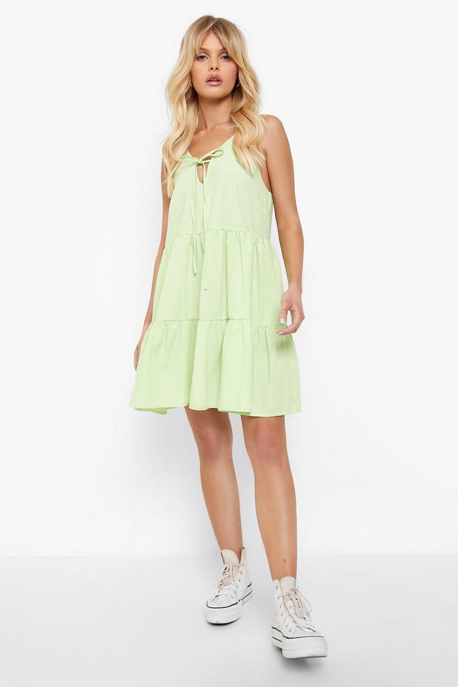Lime green Cotton Poplin Strappy Tiered Smock Dress