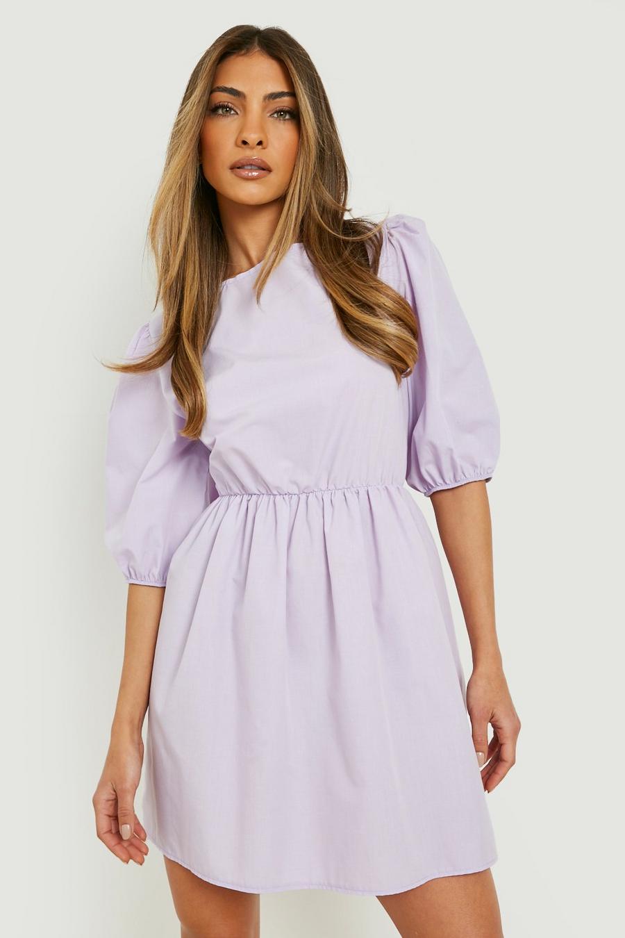 Lilac purple Cotton Poplin Puff Sleeve Smock Dress
