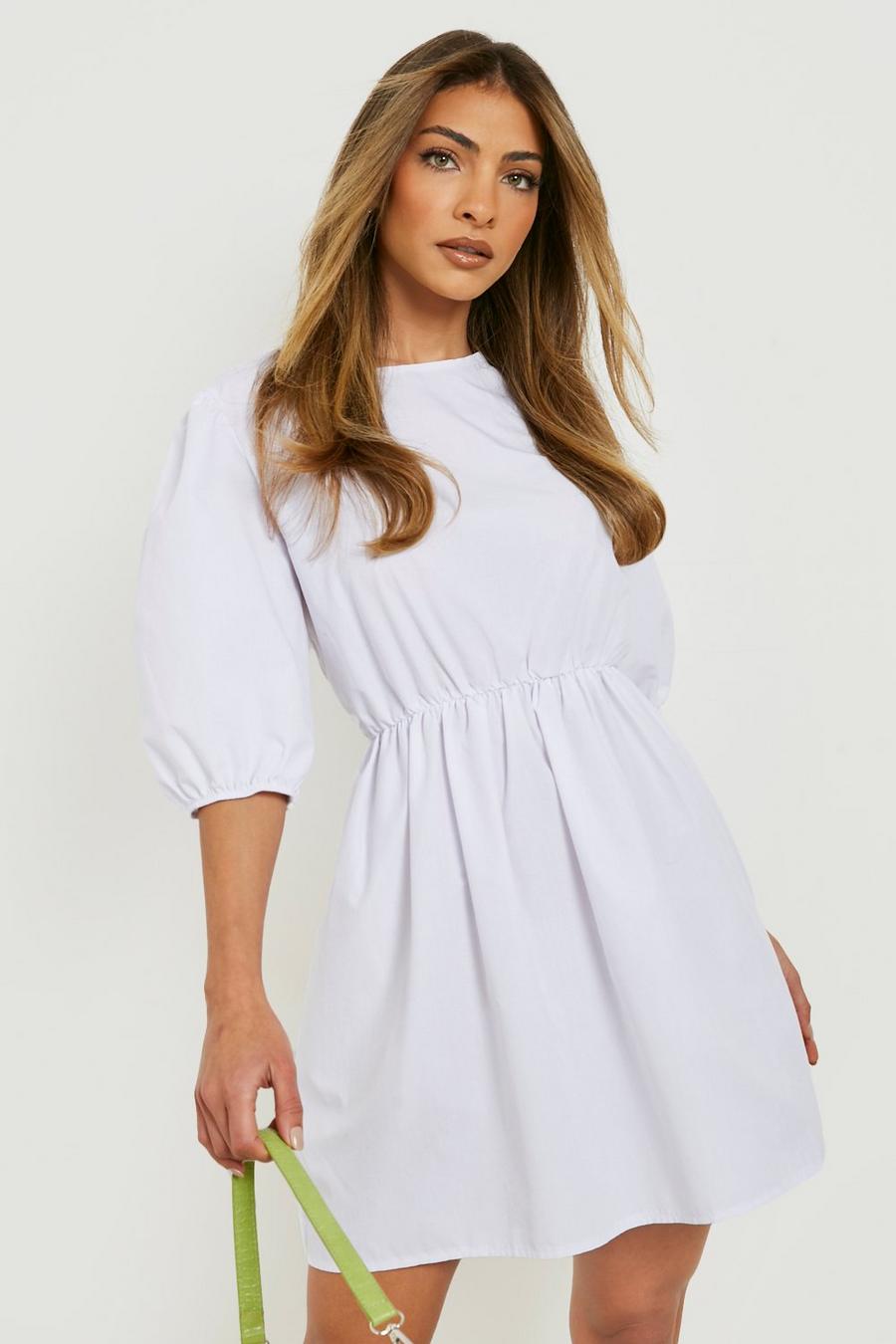 Vestido holgado de algodón popelina con mangas abullonadas, White image number 1