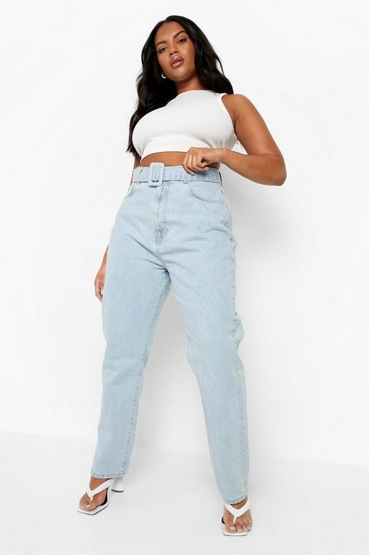 Boohoo Women Clothing Jeans Tapered Jeans Womens Plus Self Fabric Buckle Belted Tapered Jeans 12 