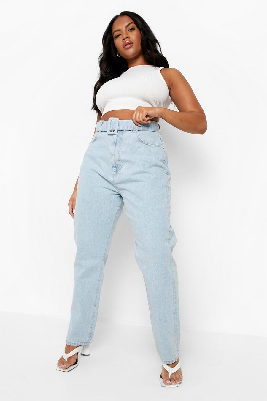 Light wash blue Plus Self Fabric Buckle Belted Tapered Jeans