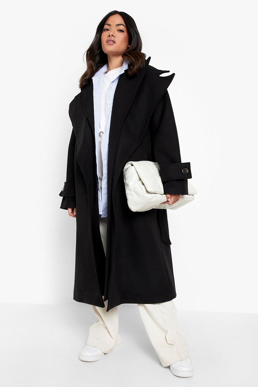 Black Double Layer Belted Wool Look Coat