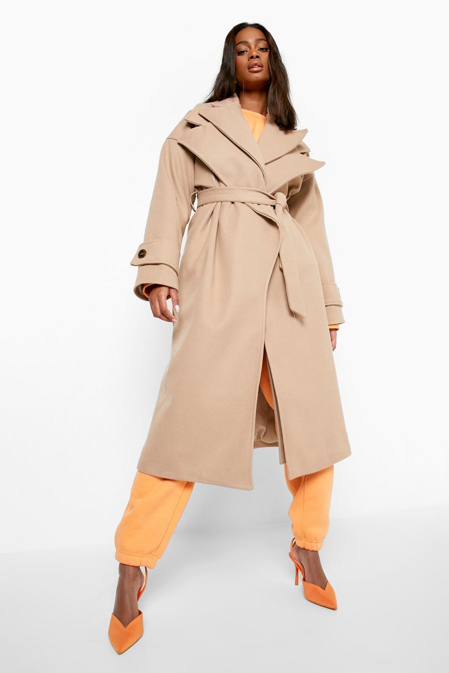 Stone beige Double Layer Belted Wool Look Coat