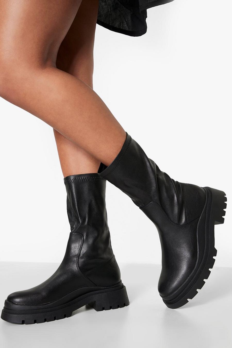 Black svart Chunky Sole Pu Sock Boots