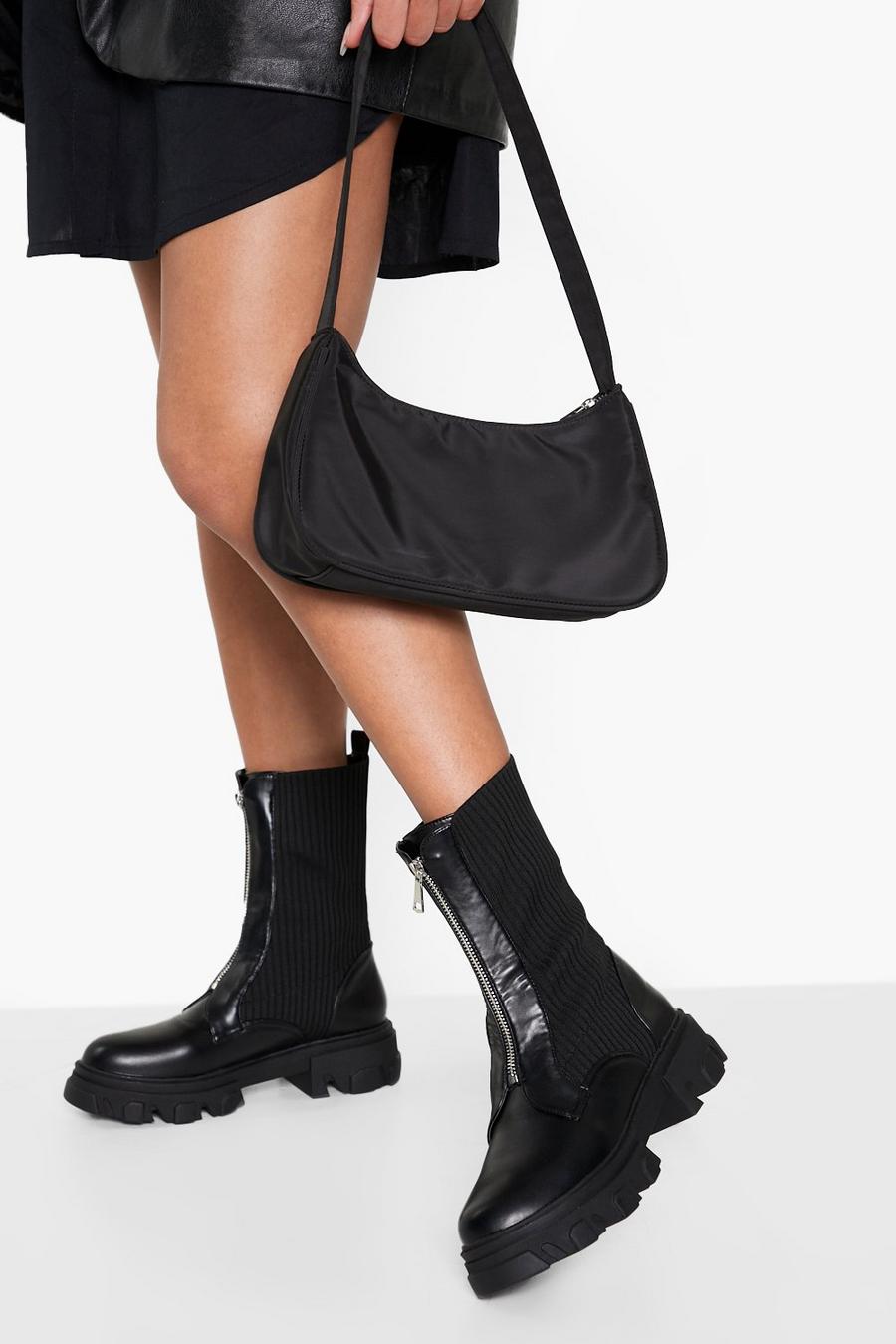 Black Chunky Zip Detail Sock Boots image number 1
