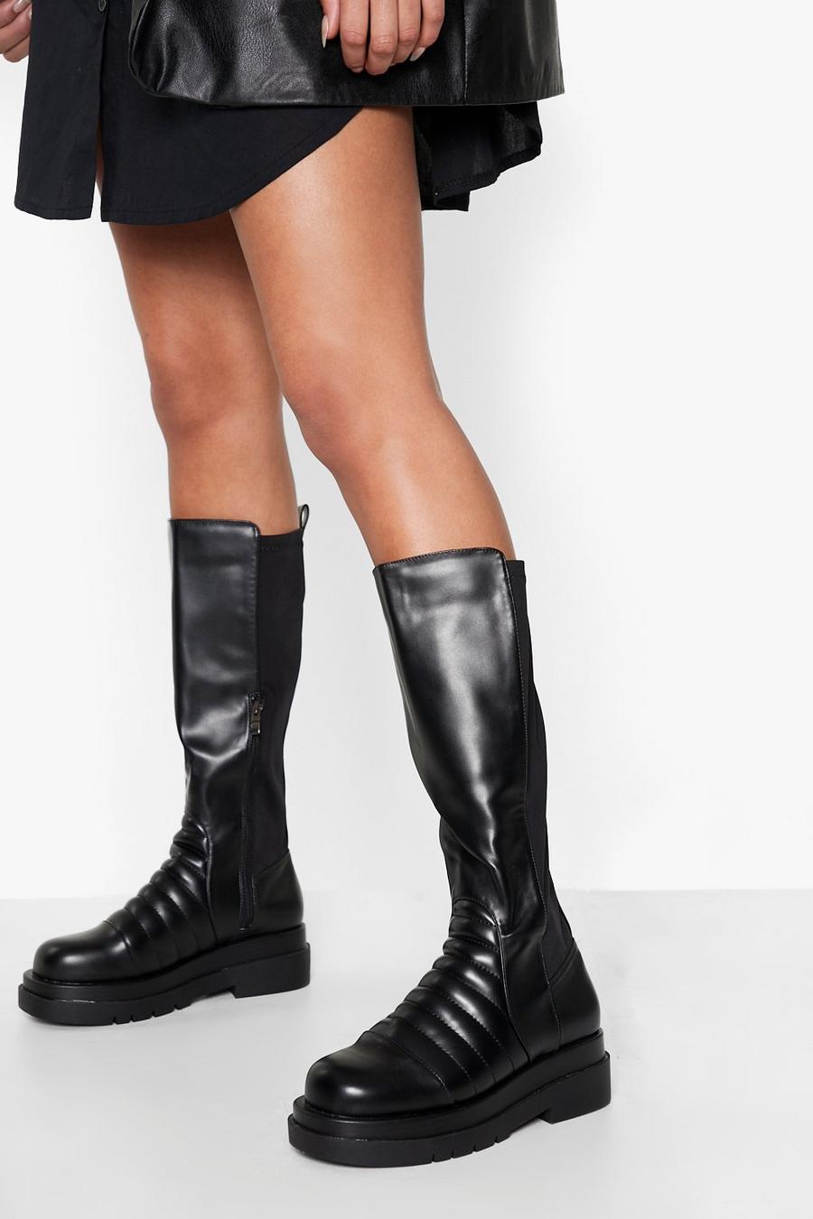Black Chunky Padded Detail Knee High Boots