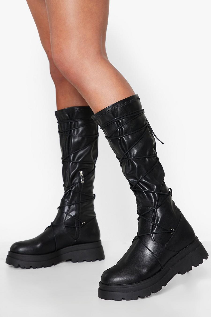 Black Chunky Wrap Detail Knee High Boots