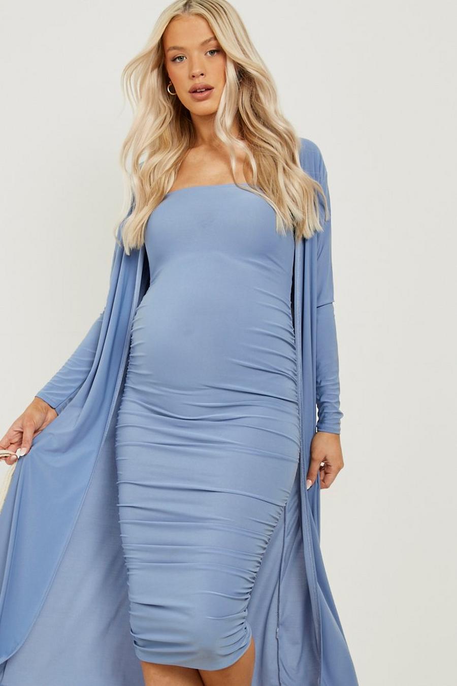 Umstandsmode gerafftes Set aus Kleid mit geradem Ausschnitt & Duster-Mantel, Baby blue image number 1