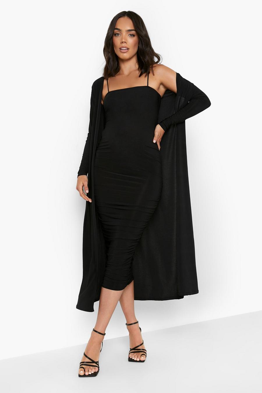 Black noir Maternity Square Neck Ruched Duster Dress Set