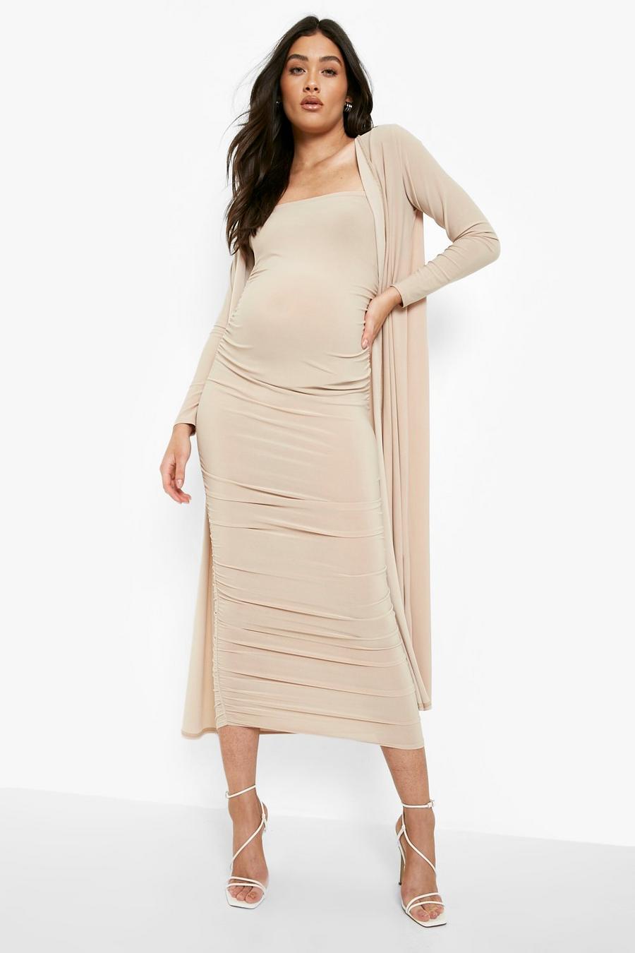 Stone beige Maternity Square Neck Ruched Duster Dress Set