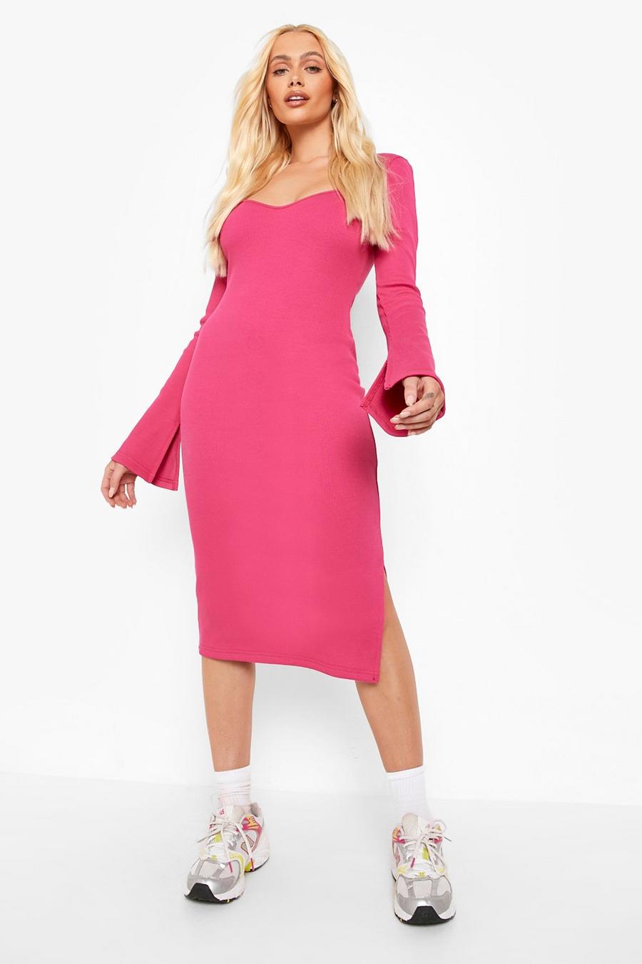 Fuchsia pink Premium Rib Split Sleeve Midi Dress