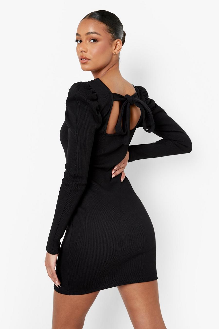Black Premium Rib Puff Sleeve Mini Dress