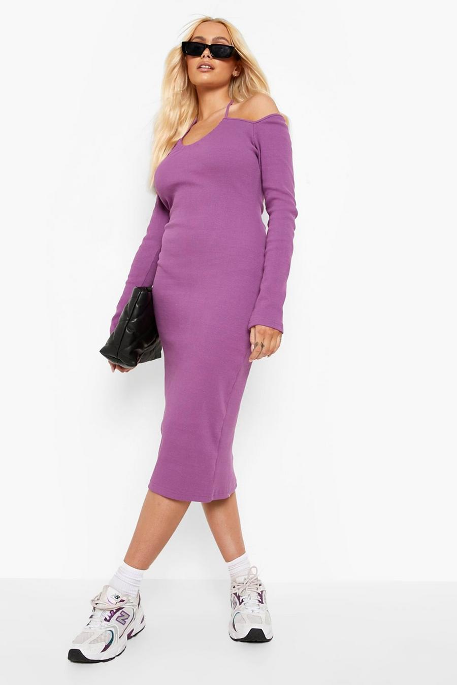 Violet purple Premium Rib Halteneck Midi Dress image number 1