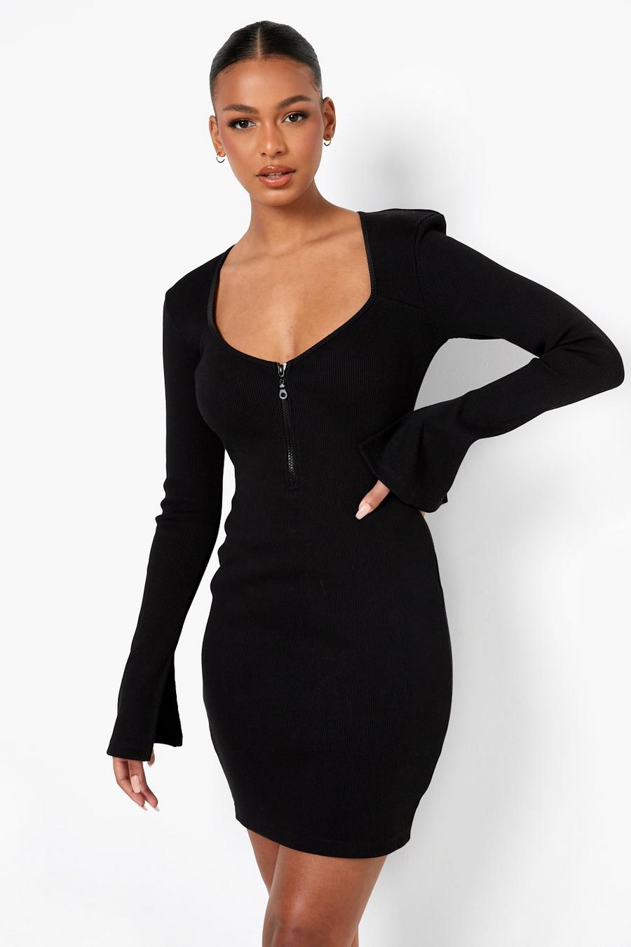 Black Premium Ribbad kort klänning med axelvaddar image number 1