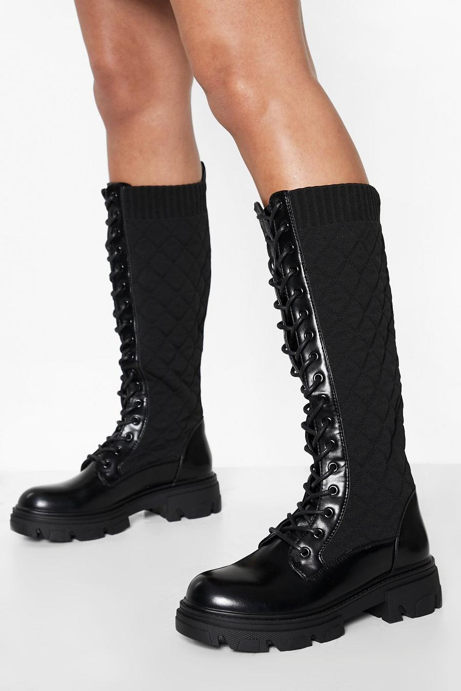 Black Quilted Lace Detail Knee High Boots image number 1