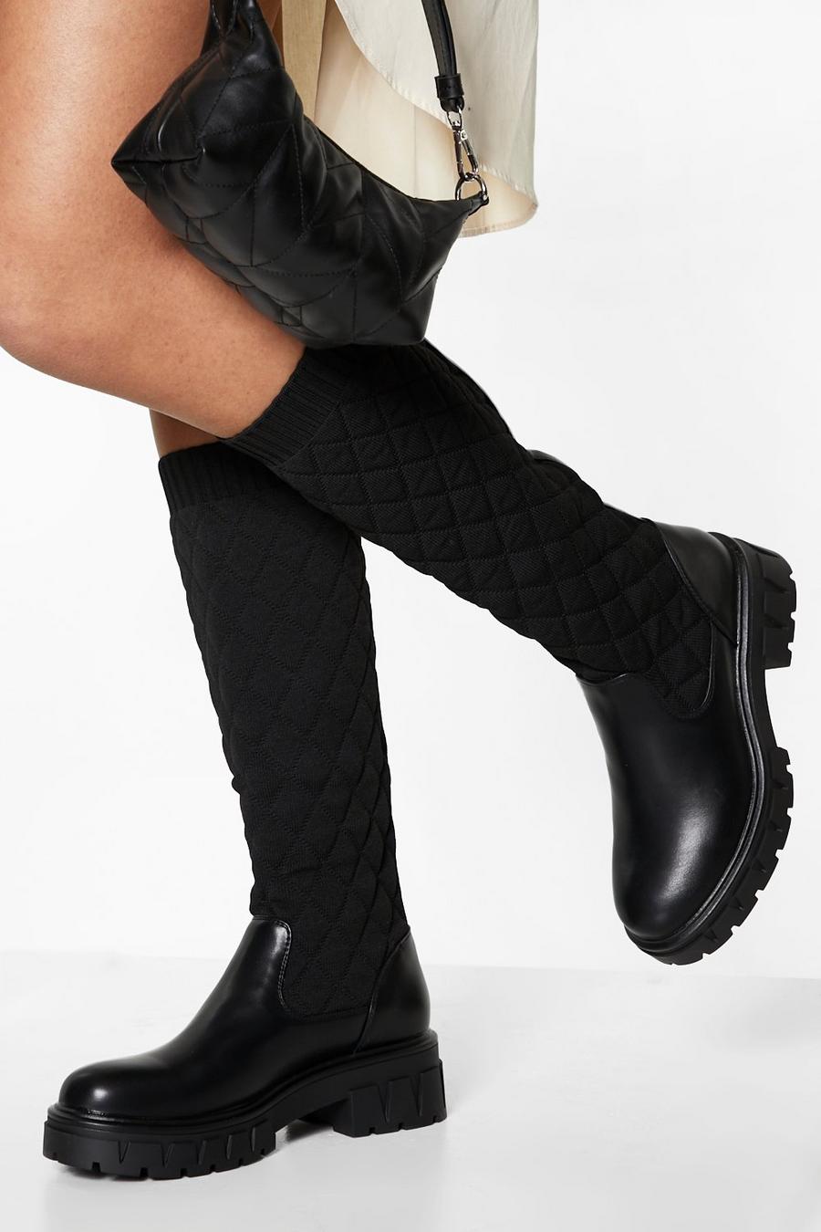 Black Quilted Knee High Boots image number 1