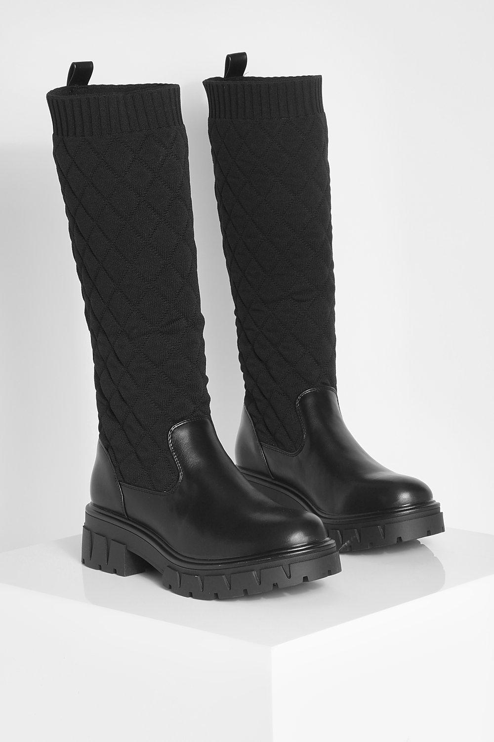 boohoo Panel Knee High Boots - Black - Size 5