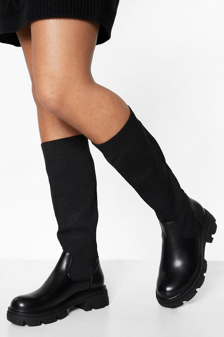 Black Knitted Upper Knee High Boots