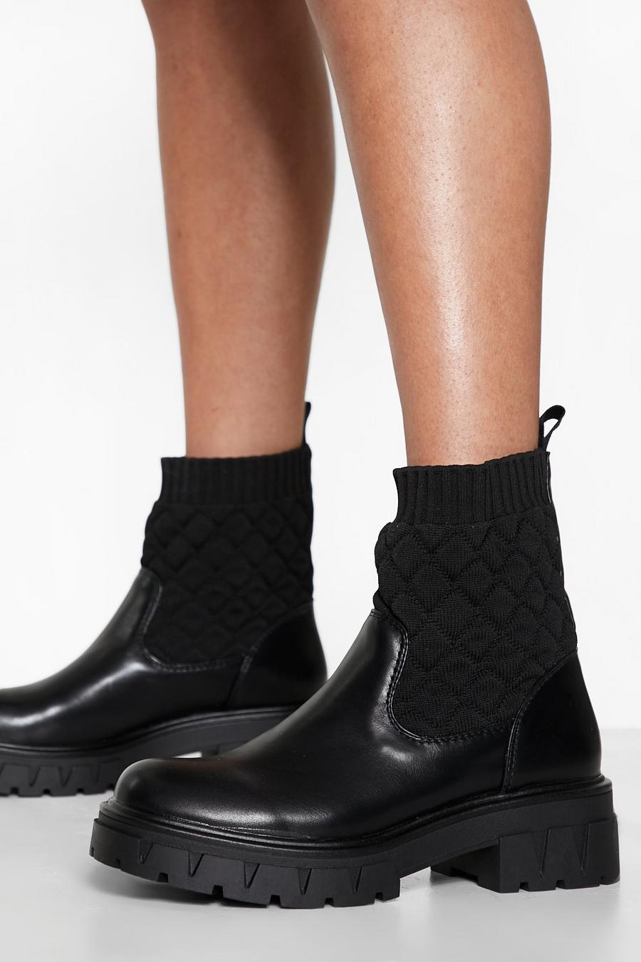 Black Quilted Chunky Sole Sock Boots image number 1