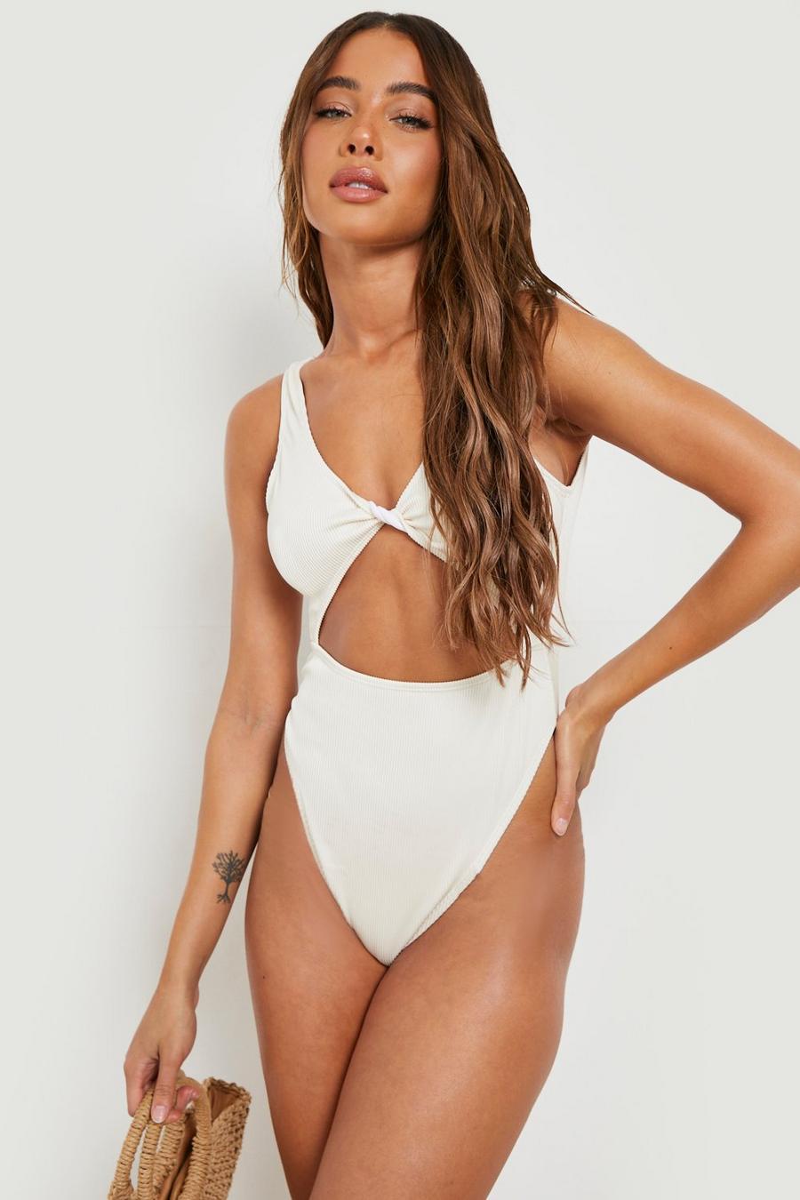 Ecru Recycled Rib Cut Out Twist Swimsuit image number 1