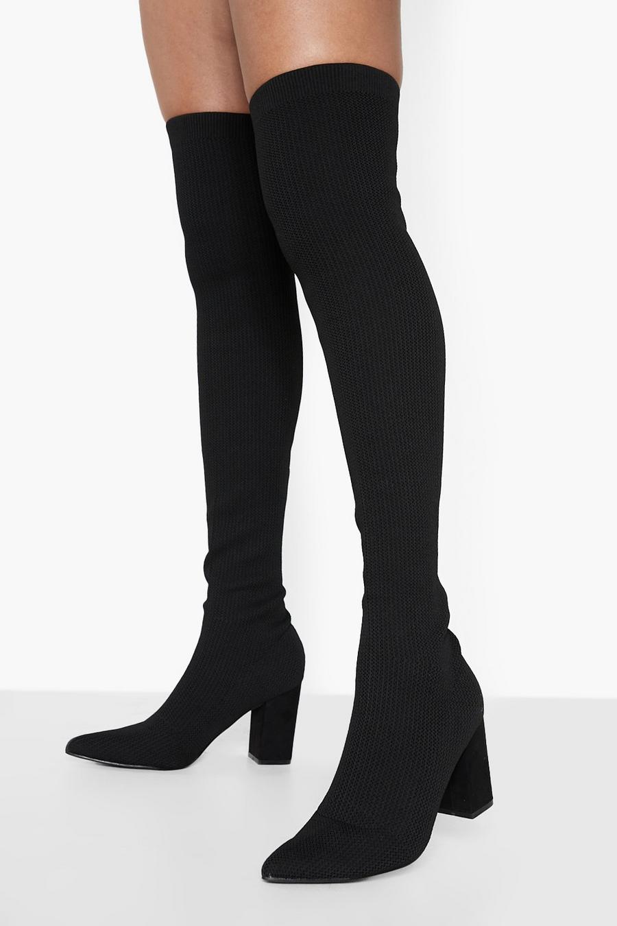 Black Knitted Stretch Over The Knee Boots image number 1