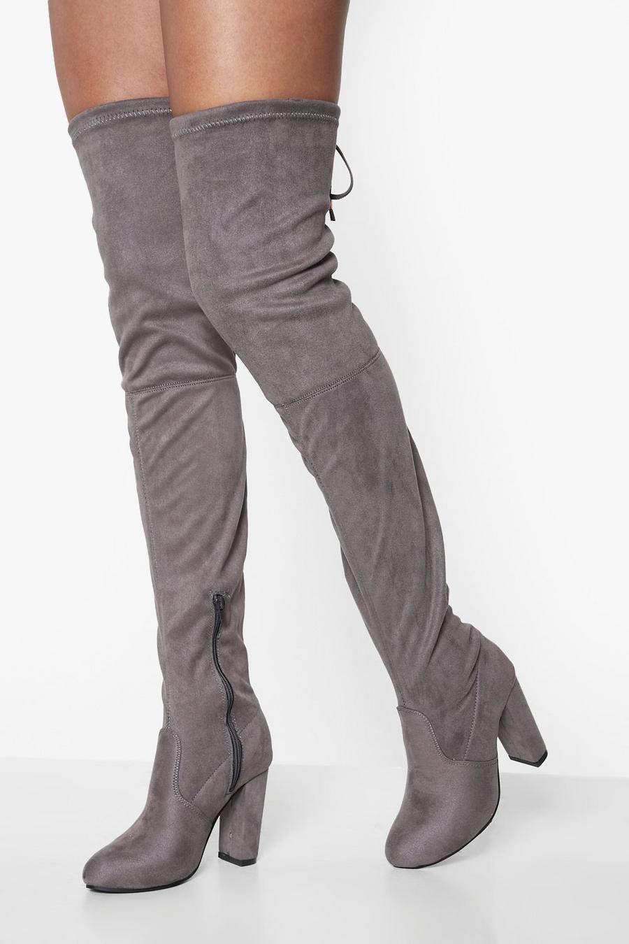 Grey Over The Knee Tie Back Detail Boots image number 1