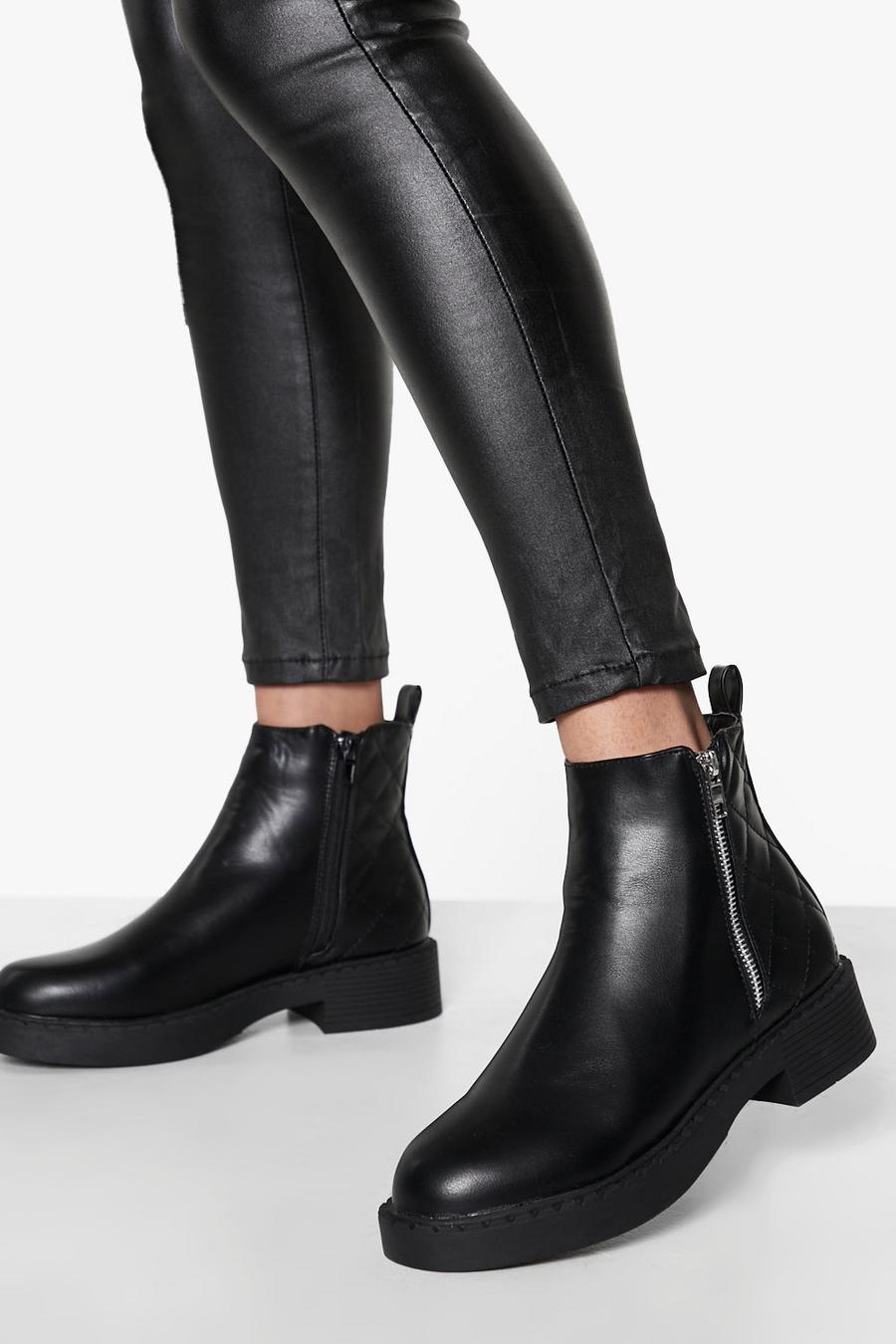 Black Pu Quilted Zip Detail Chelsea Boots
