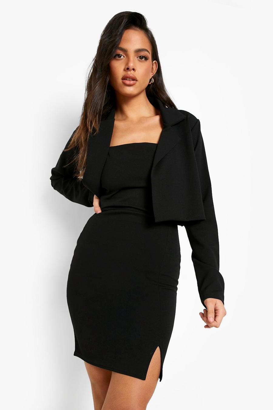Black Cropped Boxy Blazer & Split Mini Dress image number 1