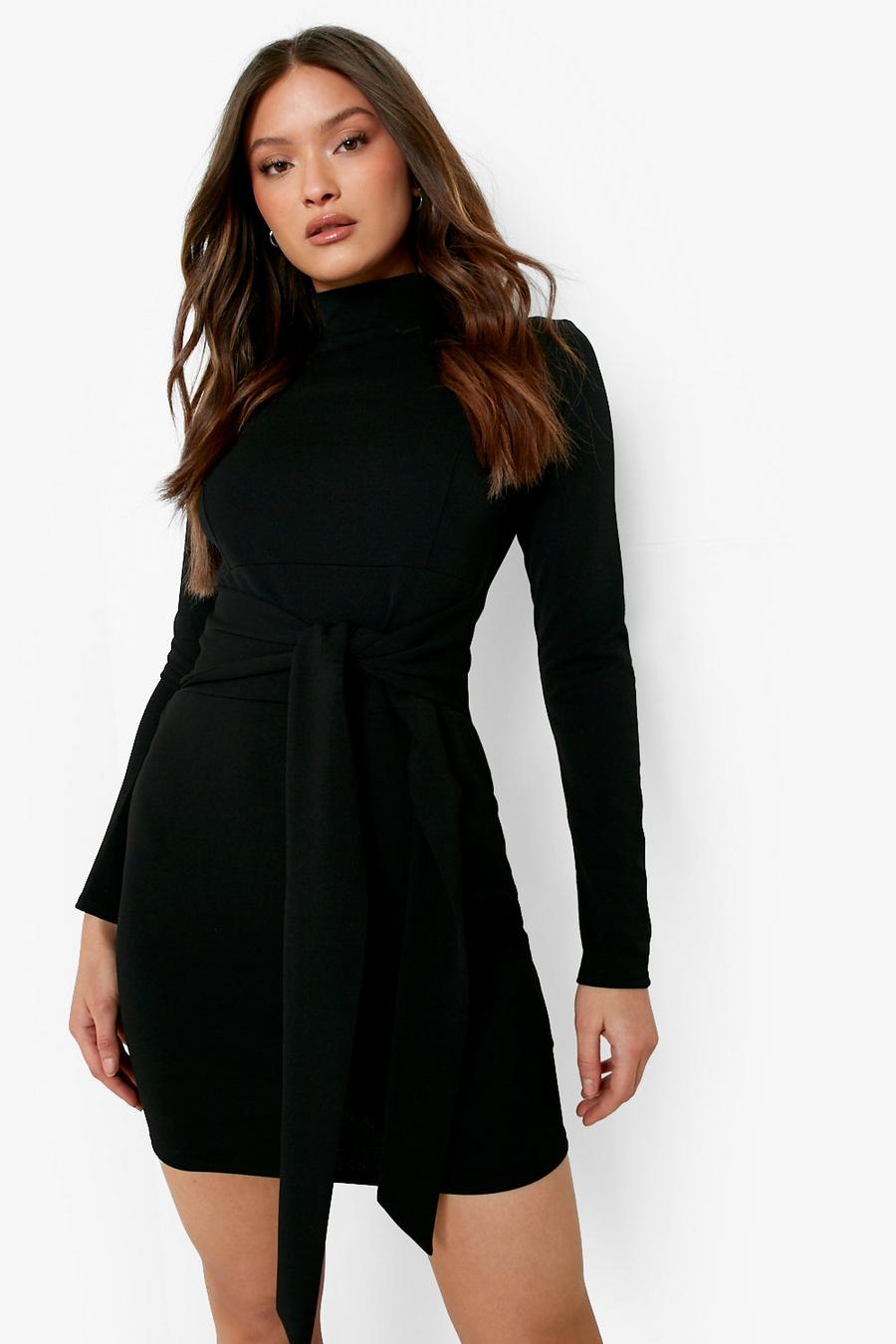 Black High Neck Tie Waist Fitted Mini Dress image number 1