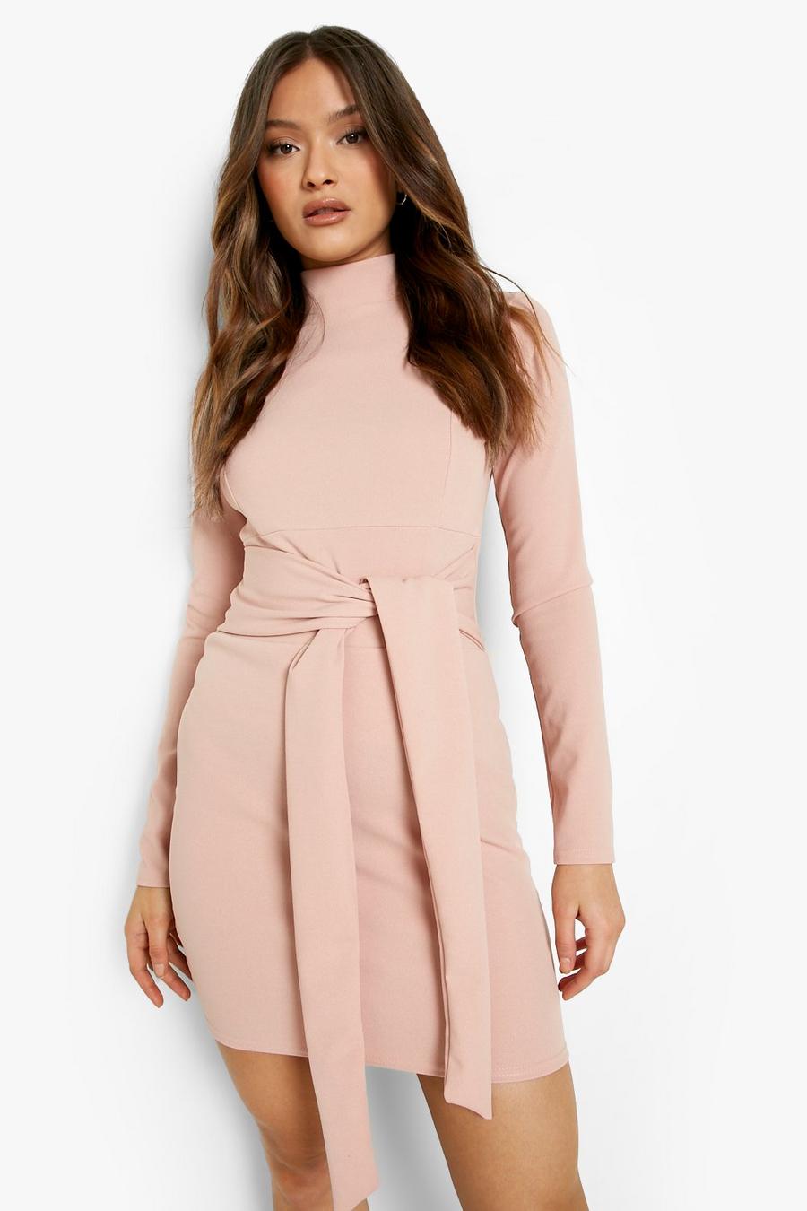 Dusty rose pink High Neck Tie Waist Fitted Mini Dress