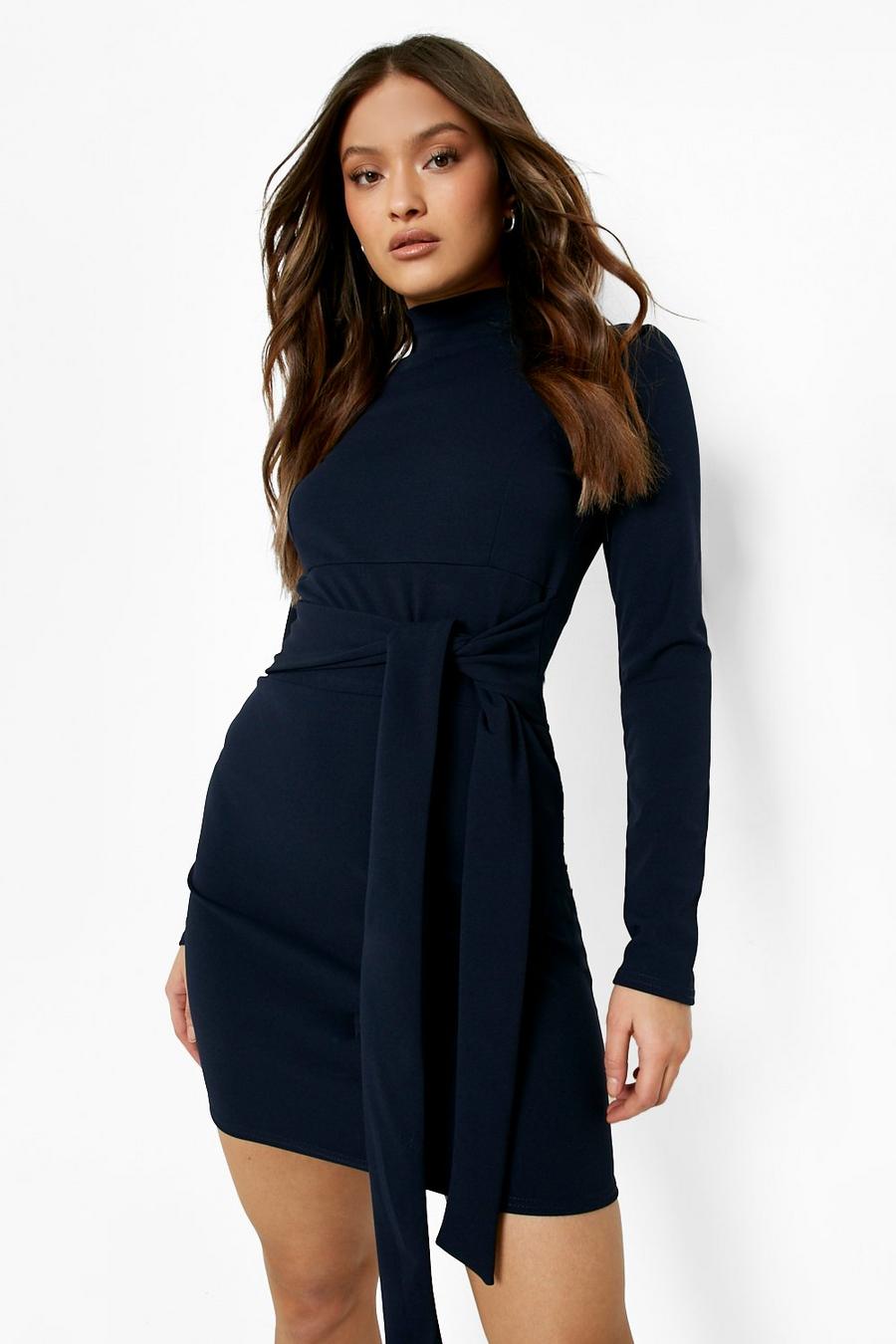 Navy High Neck Tie Waist Fitted Mini Dress image number 1