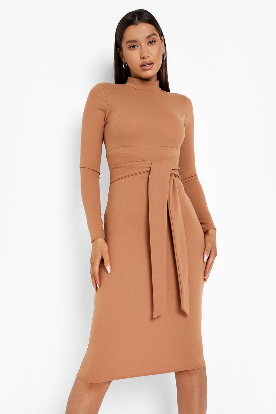 Camel High Neck Tie Waist Fitted Midi Dress image number 1