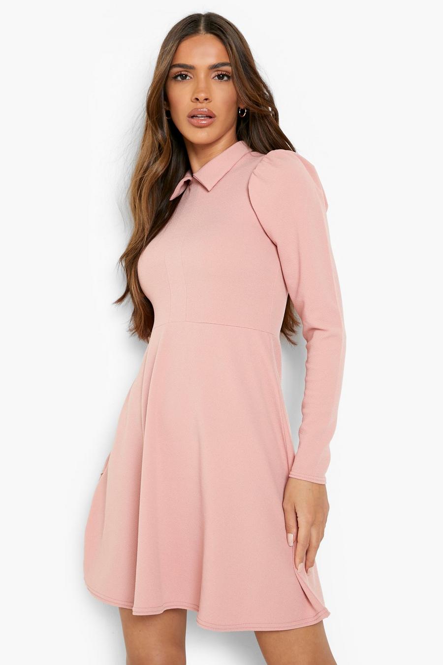Dusty rose pink Long Sleeve Collared Skater Dress image number 1
