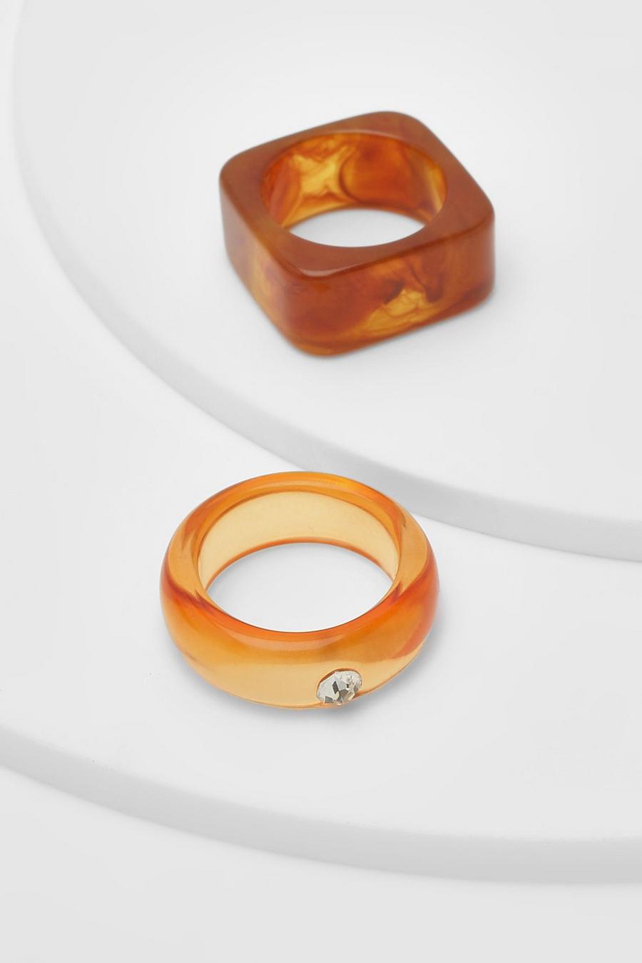 Orange naranja Chunky Square Resin 2 Pack Ring Set