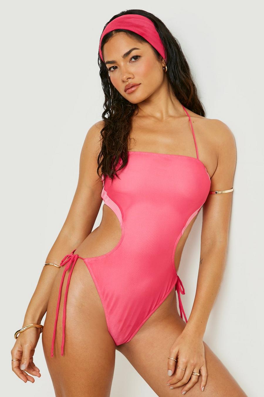Pink Contour Mesh Halterneck Tie Side Swimsuit image number 1
