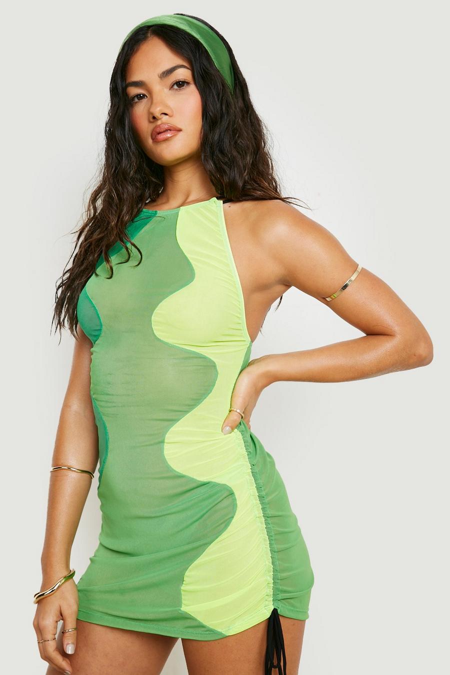 Lime Contour Mesh Strappy Ruched Beach Dress image number 1