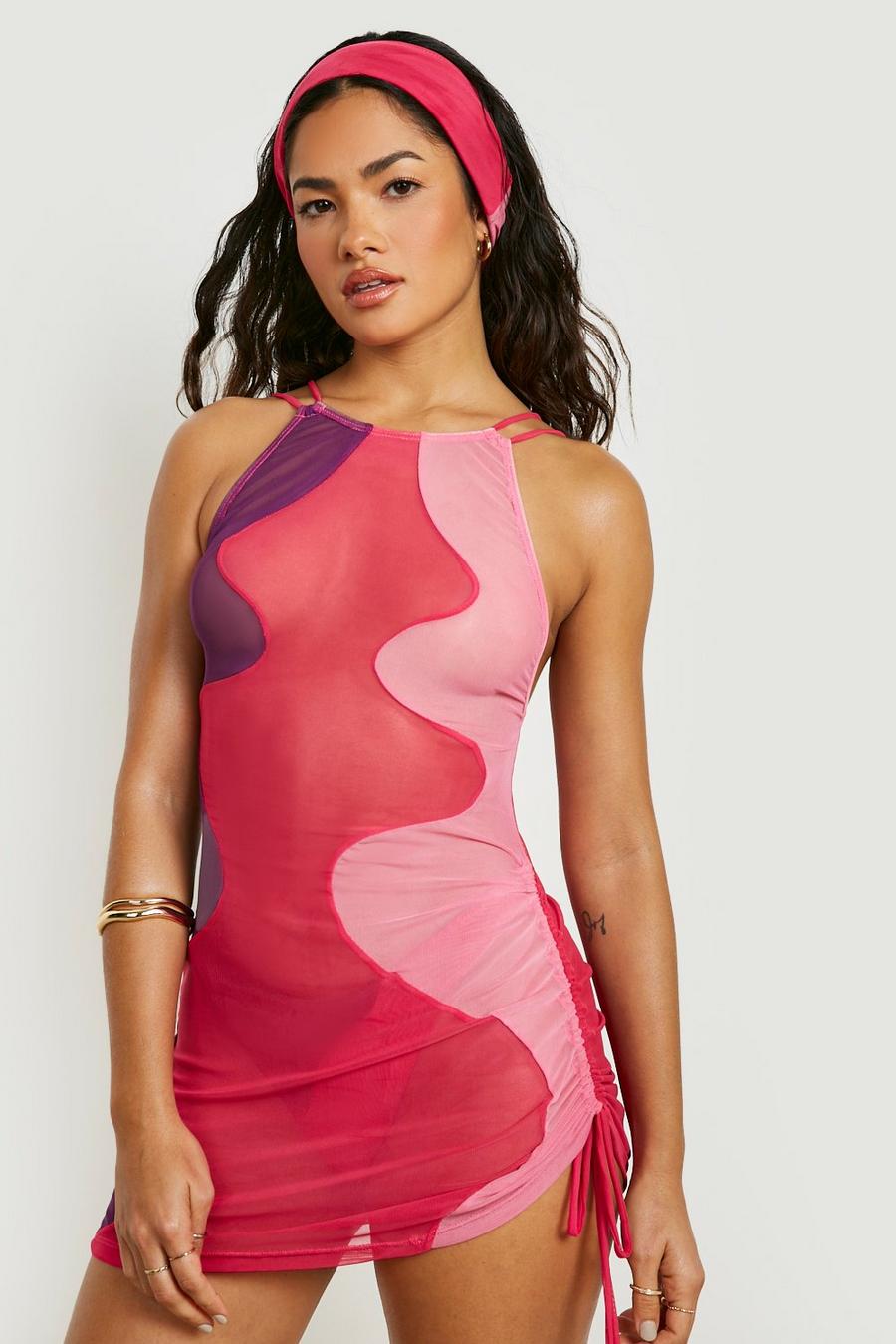 Pink Contour Mesh Strappy Ruched Beach Dress image number 1